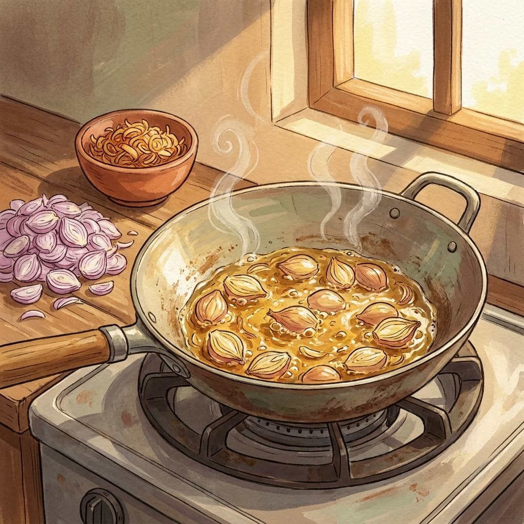 Illustration of home-made golden shallot oil beside freshly sliced shallots on a wooden table